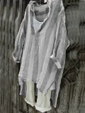 Casual V-Neck 3/4 Sleeve Striped Plus Size Bat Sleeve Tops