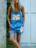 Plus Size Floral Denim Casual Jumpsuits