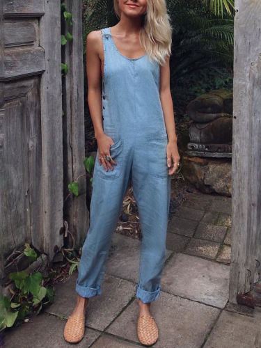 Casual Solid Sleeveless Pockets Jumpsuits