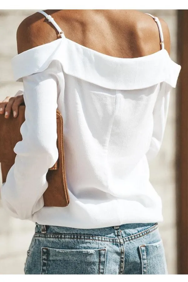 Sexy Off Shoulder Pure Color Long Sleeve Chiffon Strap Shirt