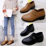 Brown PU Chunky Heel Buckle Daily Boots