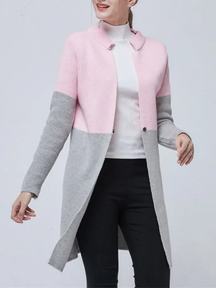 Casual Long Sleeve Stand Collar Color-Block Solid Coat