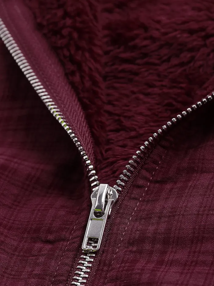 Wine Red Hoodie Zipper Solid Casual Coats