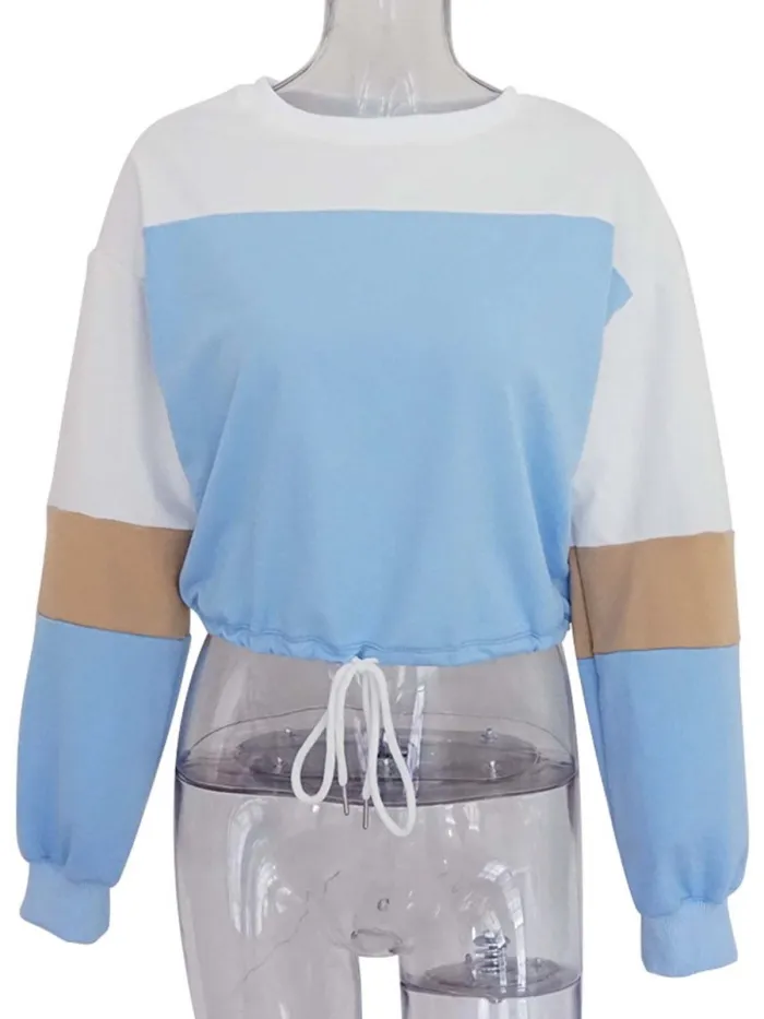 Long Sleeve Casual Color-block Crew Neck Plus Size Blouse