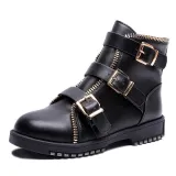 Gunmetal Zipper Daily Adjustable Buckle Spring/Fall Chunky Heel Boot