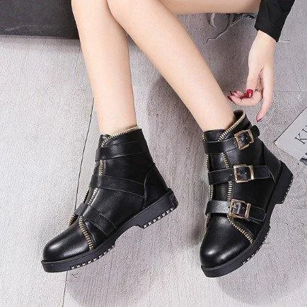 Gunmetal Zipper Daily Adjustable Buckle Spring/Fall Chunky Heel Boot
