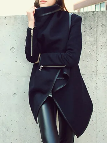 Long Sleeve Shawl Collar Piping Plus Size Coat