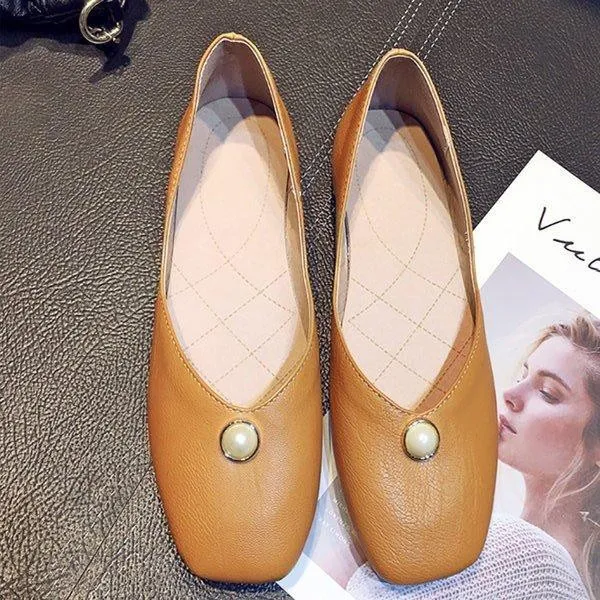 Yellow Flat Heel Imitation Pearl Casual All Season PU Flat