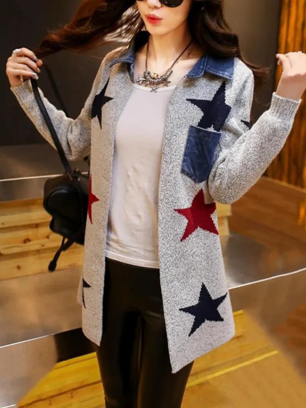 Star Wool Blend Patchwork Pockets Long Sleeve Cardigans