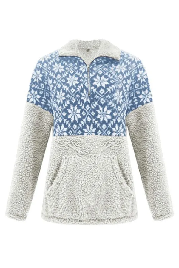Christmas Snowflake Pullover Bend Collar Zipper Print Teddy Outerwear