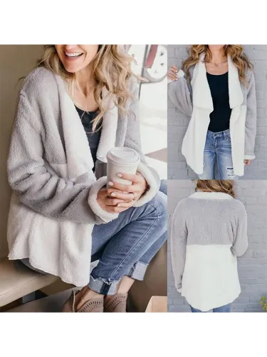 Fleece Fuzzy White Shawl Neck Vintage Solid Color-Block Teddy Bear Coats