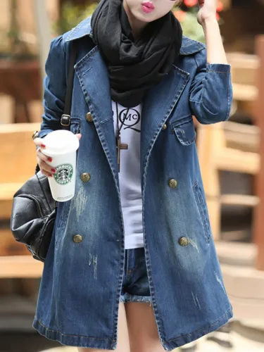 Washed Denim Pockets Long Sleeve Shawl Collar Plus Size Coat