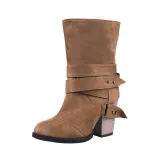 Women Comfy Suede Mid-Calf Chunky Heel Slip-On Boots