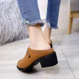 Brown PU Chunky Heel Buckle Daily Boots