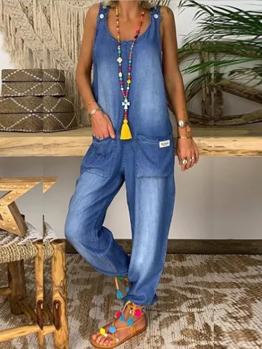 Light Blue Pockets Casual U-Neck One-Pieces