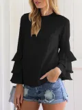 Crew Neck Solid Tiered Long Sleeve Blouse