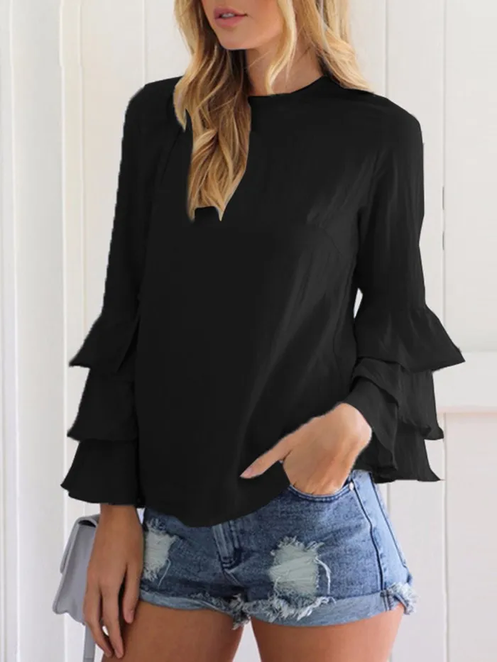Crew Neck Solid Tiered Long Sleeve Blouse