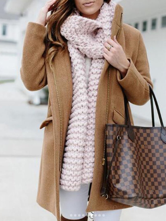 Solid Zipper Long Sleeve Stand-Up Neck Coats