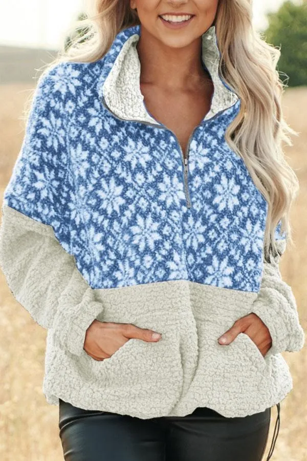 Christmas Snowflake Pullover Bend Collar Zipper Print Teddy Outerwear