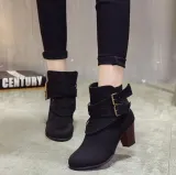 Coffee Plus Size Spring/Fall Adjustable Buckle Suede Chunky Heel Boots