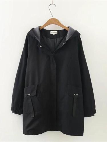 Casual Women Pockets Hooded Trench Appliqued Long Sleeve Hoodie Coat