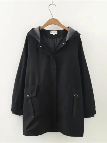 Casual Women Pockets Hooded Trench Appliqued Long Sleeve Hoodie Coat
