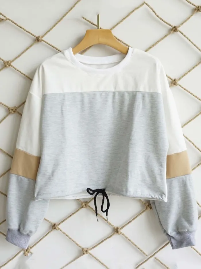 Long Sleeve Casual Color-block Crew Neck Plus Size Blouse