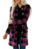 Gingham Casual Buttoned Women's Boyfriend Cardigans With Hoodie