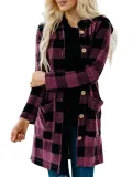 Gingham Casual Buttoned Women's Boyfriend Cardigans With Hoodie