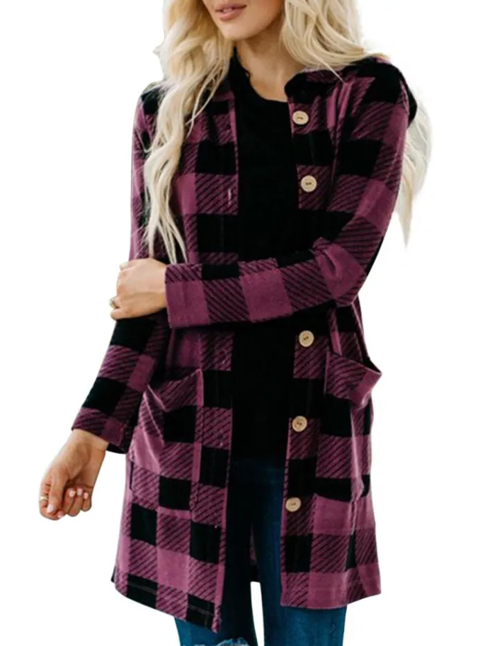Gingham Casual Buttoned Women's Boyfriend Cardigans With Hoodie
