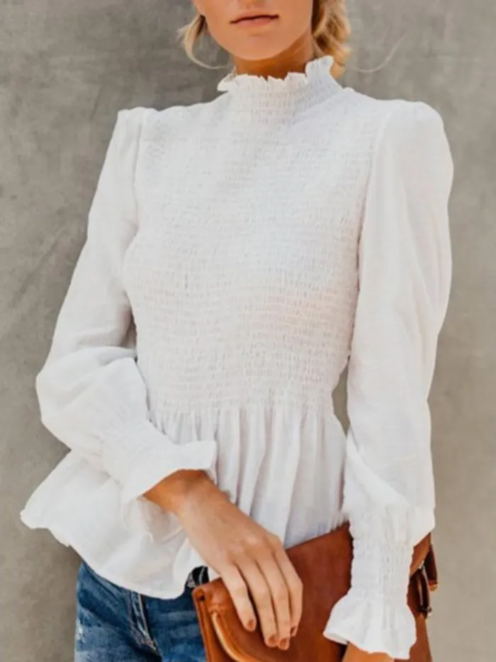 Women's Fashion Solid Chiffon Turtle Neck Solid Shirred Long Sleeve Blouses