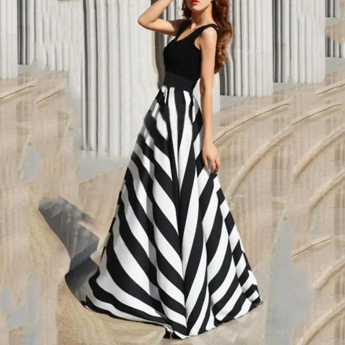Round Collar Stripe Splicing Sleeveless Expansion Evening Dress