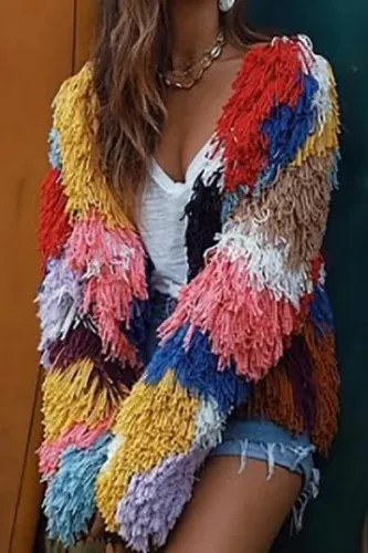 Women's Fashion Long Sleeve Coloring Splicing Tassel Woolen Overcoat