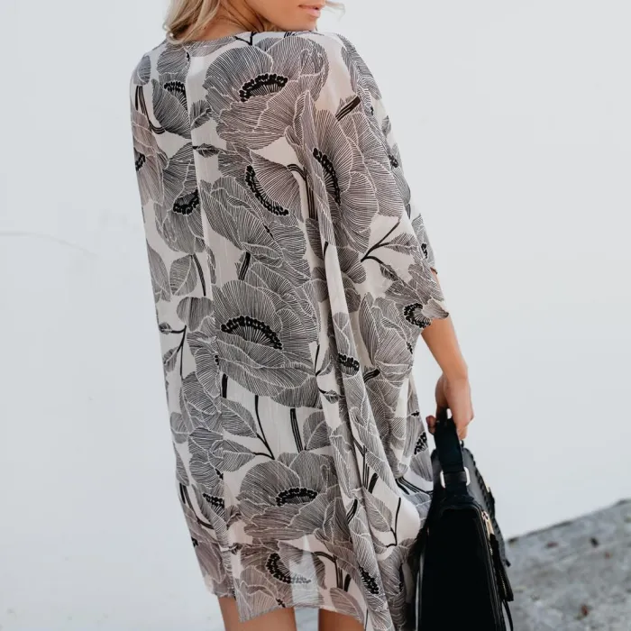 Sex Print Flare Sleeve Bikini Sun-Protective Beach Cardigan
