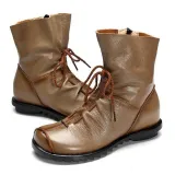 Big Size Pure Color Lace Up Ankle Leather Comfortable Zipper Boots