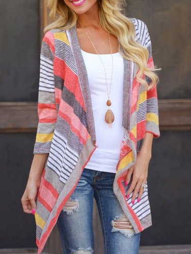 Long Sleeve Shift Casual Printed Striped Cardigan
