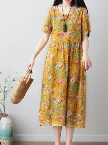 Women's  Fashion floral Print  O-neck maxi Dresses