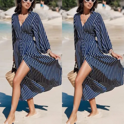 Fashion V Collar Striped Lantern Sleeve Dual Purpose Dustcoat Maxi Dress
