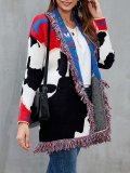 Red Shawl Collar Fringed Embroidered Cardigan