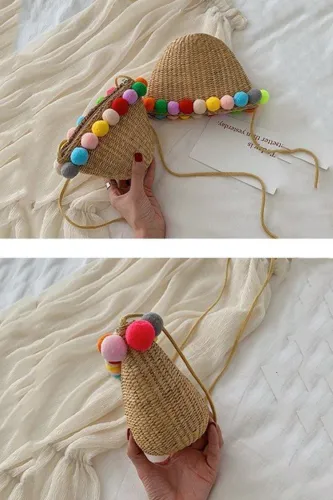 Women's Beach  Color  Zipper Rope Woven Straw Sling Bag Handbag