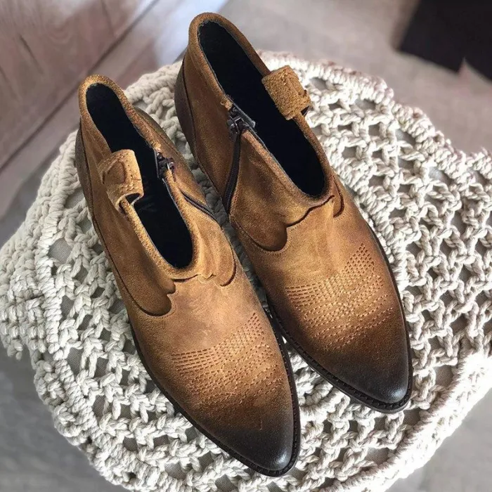 Womens Boots Vintage Slip-On Pu Chunky Heel Ankle Boots