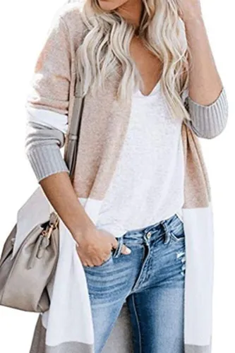 Large Size Stitching Striped Knit Loose Sweater Cardigan Coat