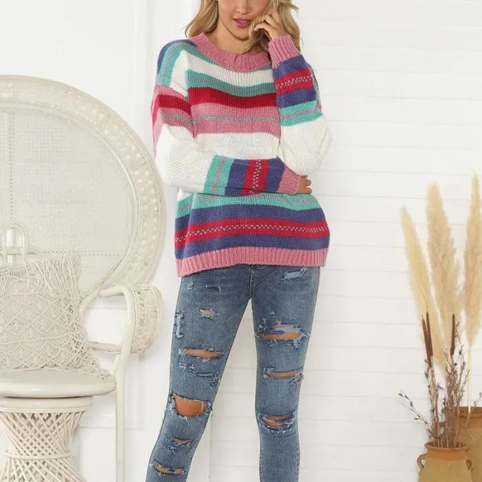 Casual Long Sleeve Colouring Striped Sweater