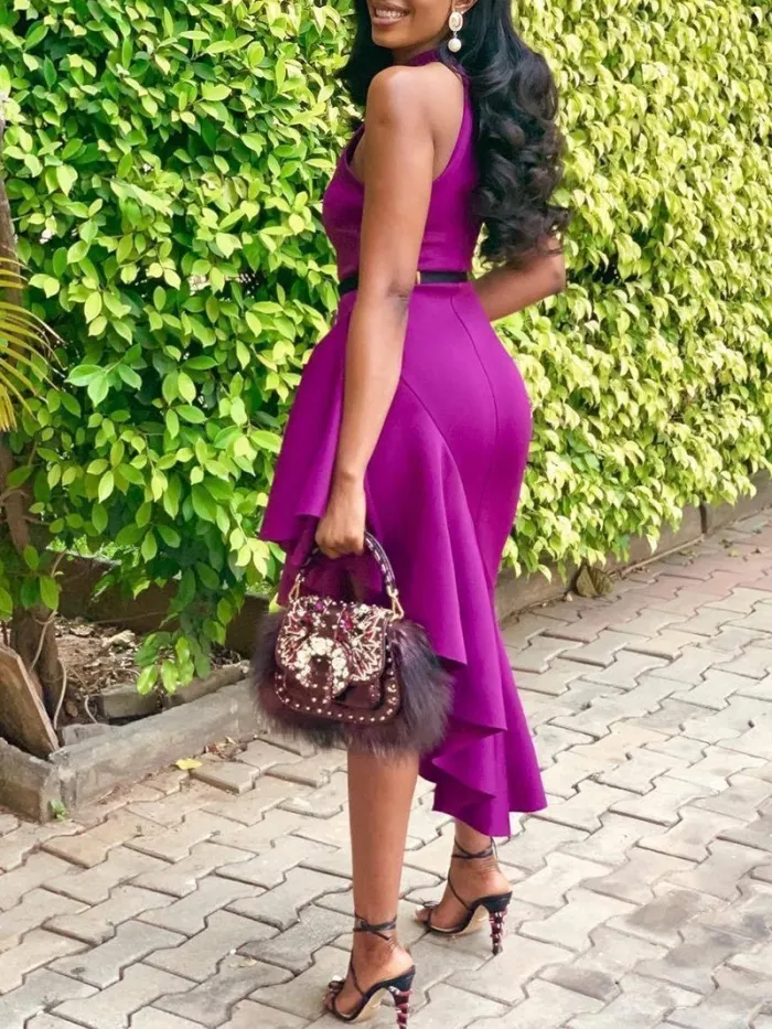 Sexy Halter Asymmetric Ruffled Pure Colour Bodycon Dresses