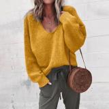 Fashion Casual V Neck Plain Loose Fitting Sweater