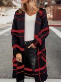 Loose Mid-Length Wool Plaid Knit Cardigan