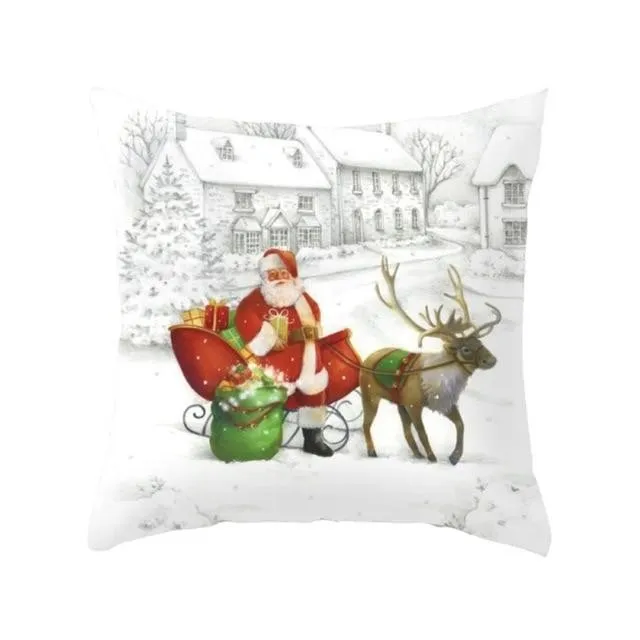 Christmas Pillow Case Deer Snowman Pattern Pillow Cover Cotton Linen