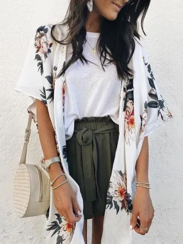 Fashion Casual Short-Sleeved   Printed Long-Sleeve Cardigan Top