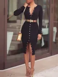 Collarless  Single Breasted Slit  Plain Bodycon Dresses