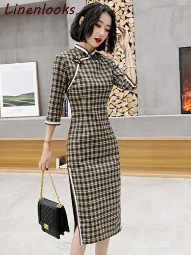 Modern Cotton Plaid Cheongsam Dress
